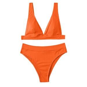 Women's Ribbed Two-Piece High Waisted Triangle Orange Bikini Swim M Medium